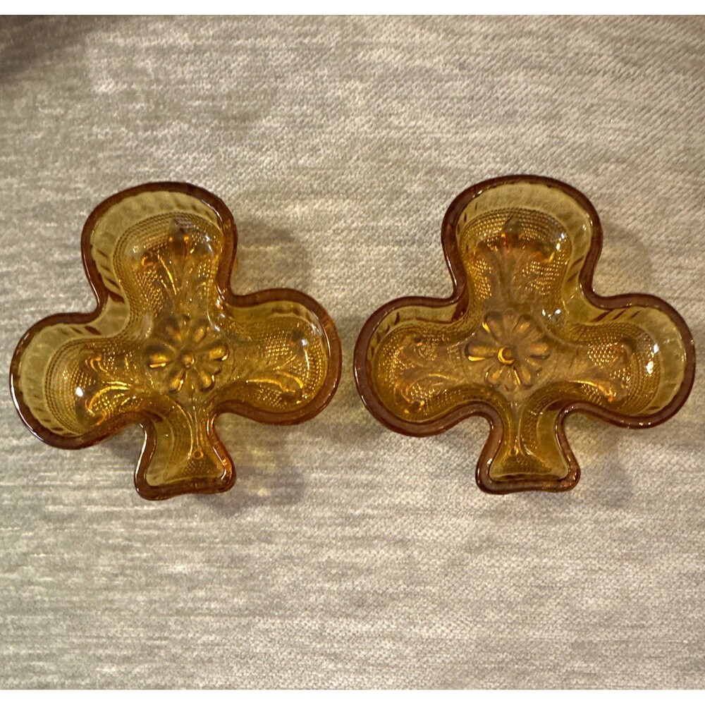1970’s Amber Glass Shamrock Trinket Dishes set 2 Floral Pattern Indiana Glass Co